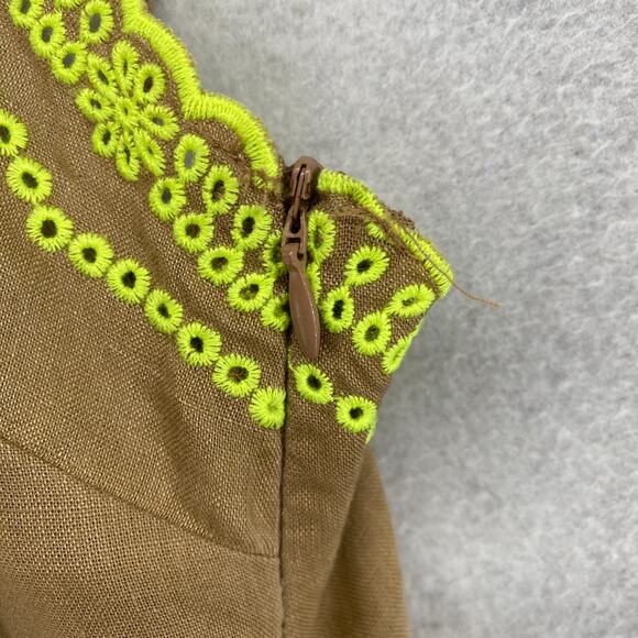 ZARA Dress M 100% Linen Embroidered Eyelet V Neck Slip Sun Midi Boho Flowy Brown - Picture 7 of 11